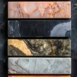 Polished marble slabs in assorted colors and natural veining patterns.