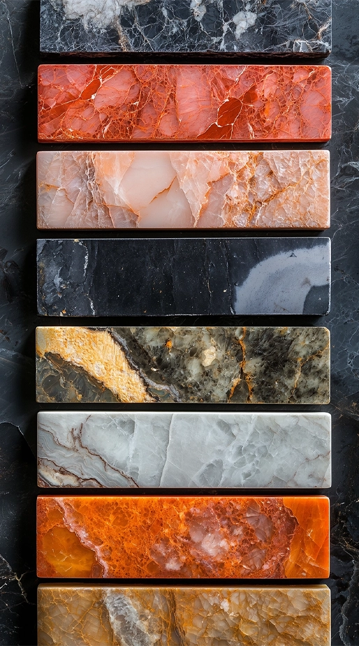 Polished marble slabs in assorted colors and natural veining patterns.